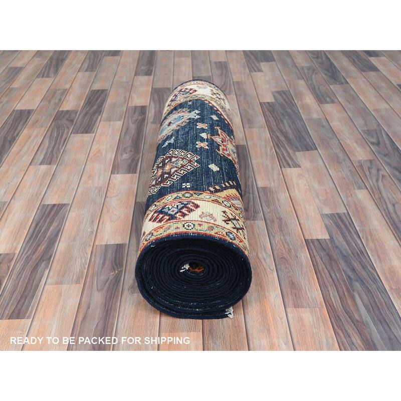 Shahbanu Rugs Yale Blue Soft Wool Hand Knotted Special Kazak with